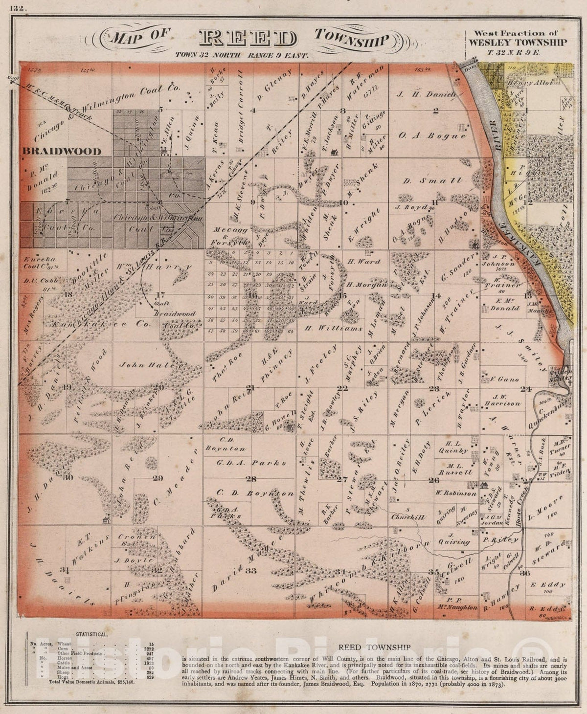 Historic Map : Reed Township, Town thirty-two, Range nine East. West Fraction of Wesley Township, T thirty-two N. R nine E., Will County, Illinois., 1873, Vintage Wall Art