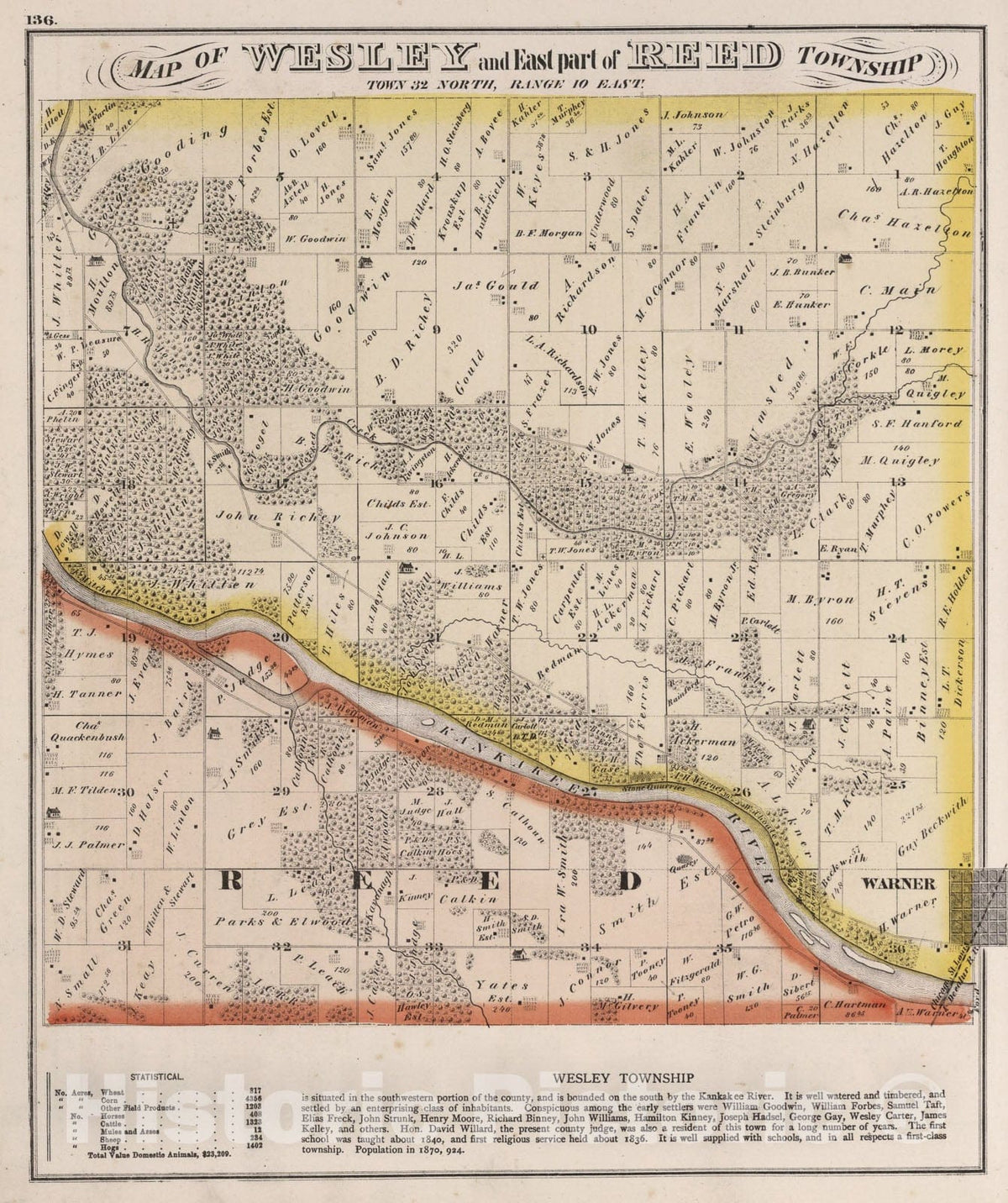 Historic Map : Wesley and the East Part of Reed Township, Town thirty-two North, Range ten East, Will County, Illinois., 1873, Vintage Wall Art