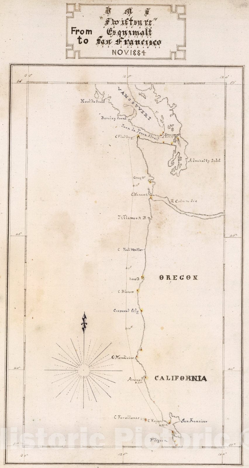 Historic Map : H.M.S., ;Swiftsure., From Esquimalt to San Francisco Nov. 1884., 1884, Vintage Wall Art