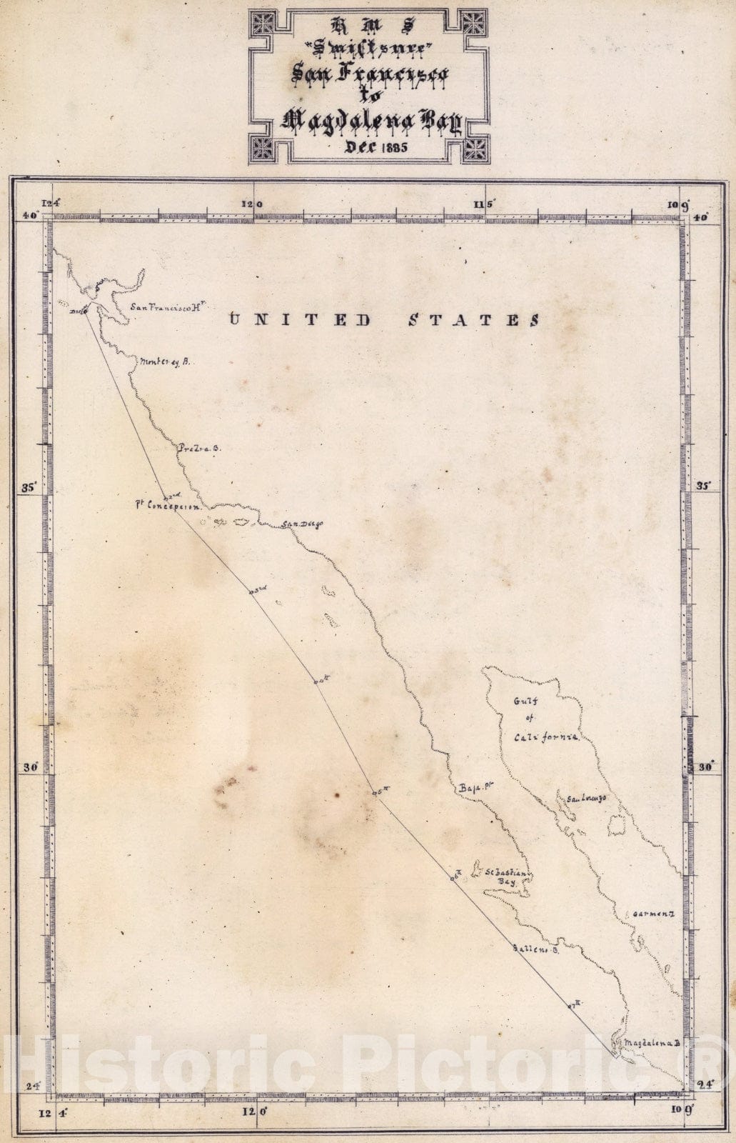 Historic Map : H.M.S., ;Swiftsure, San Francisco to Magdalena Bay, Dec 1885 (should be 1884)., 1884, Vintage Wall Art