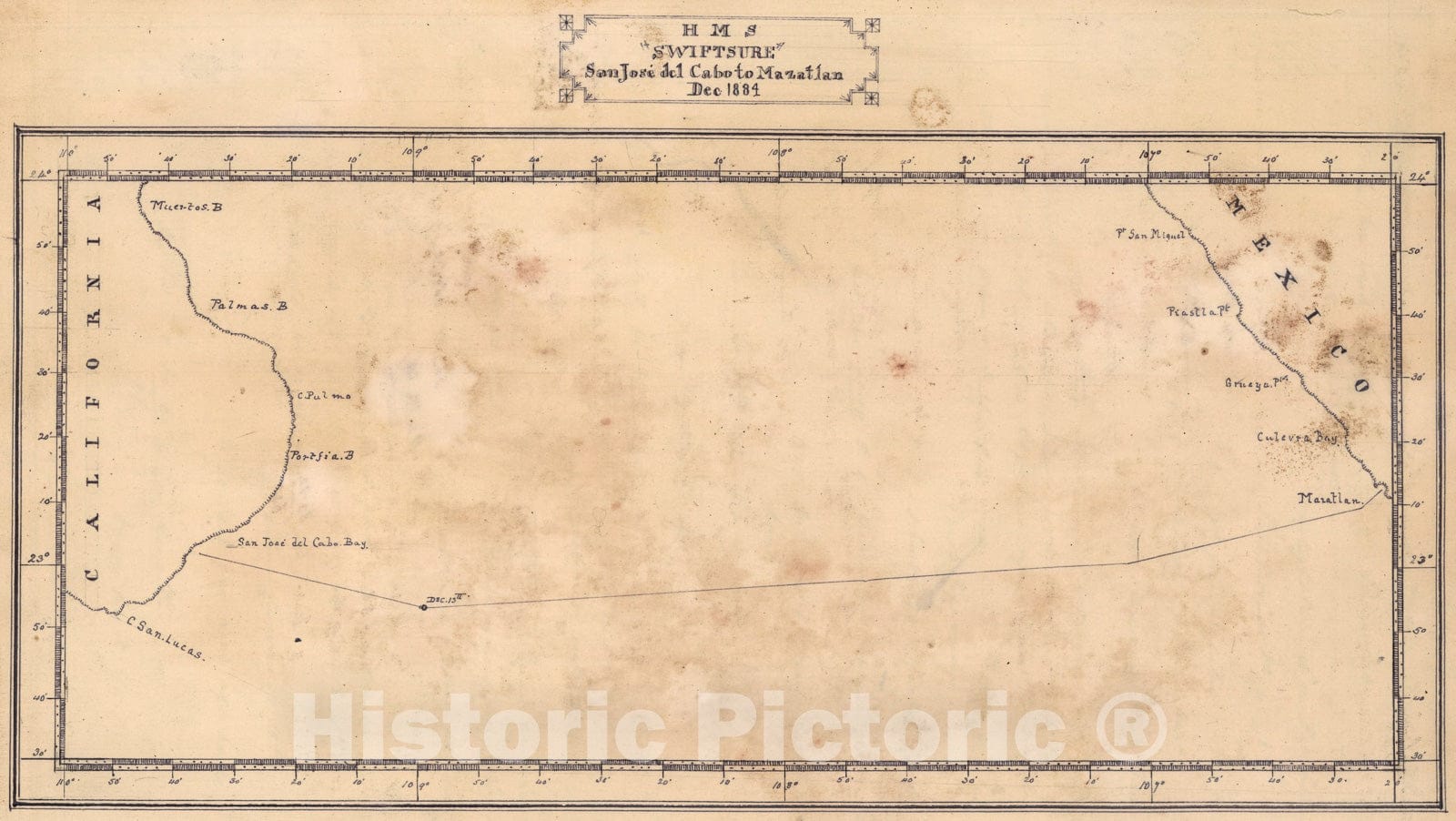 Historic Map : H.M.S., ;Swiftsure, San Jose de Cabo to Mazatlan Dec 1884., 1884, Vintage Wall Art