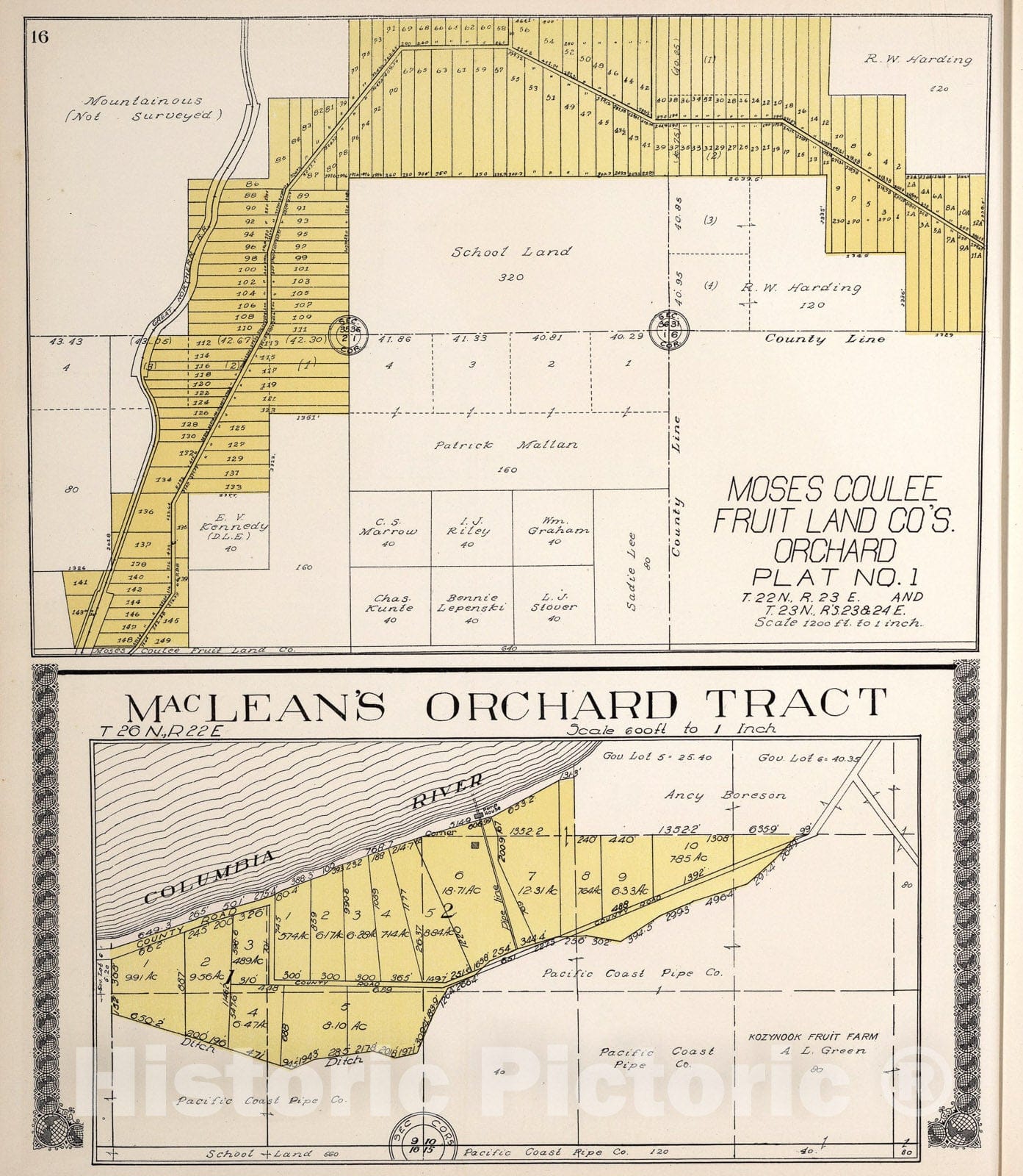 Historic Map : Moses Coulee Fruit Land Co's Orchard Plat No. 1. MacLean's Orchard Tract, Douglas County, Washington., 1915, Vintage Wall Art