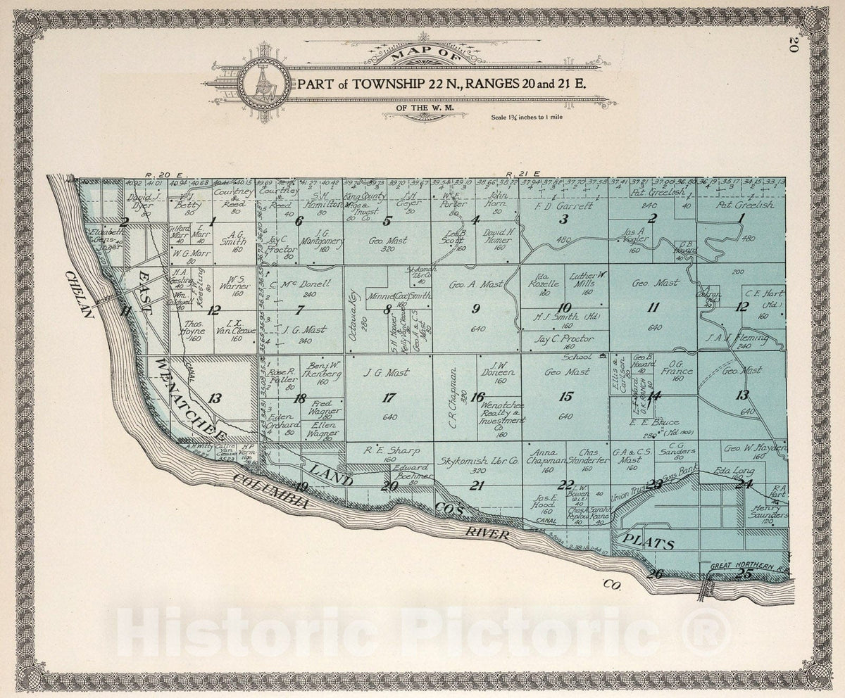 Historic Map : Township twenty-two N., Ranges twenty and twenty-one E., Douglas County, Washington, 1915, Vintage Wall Art