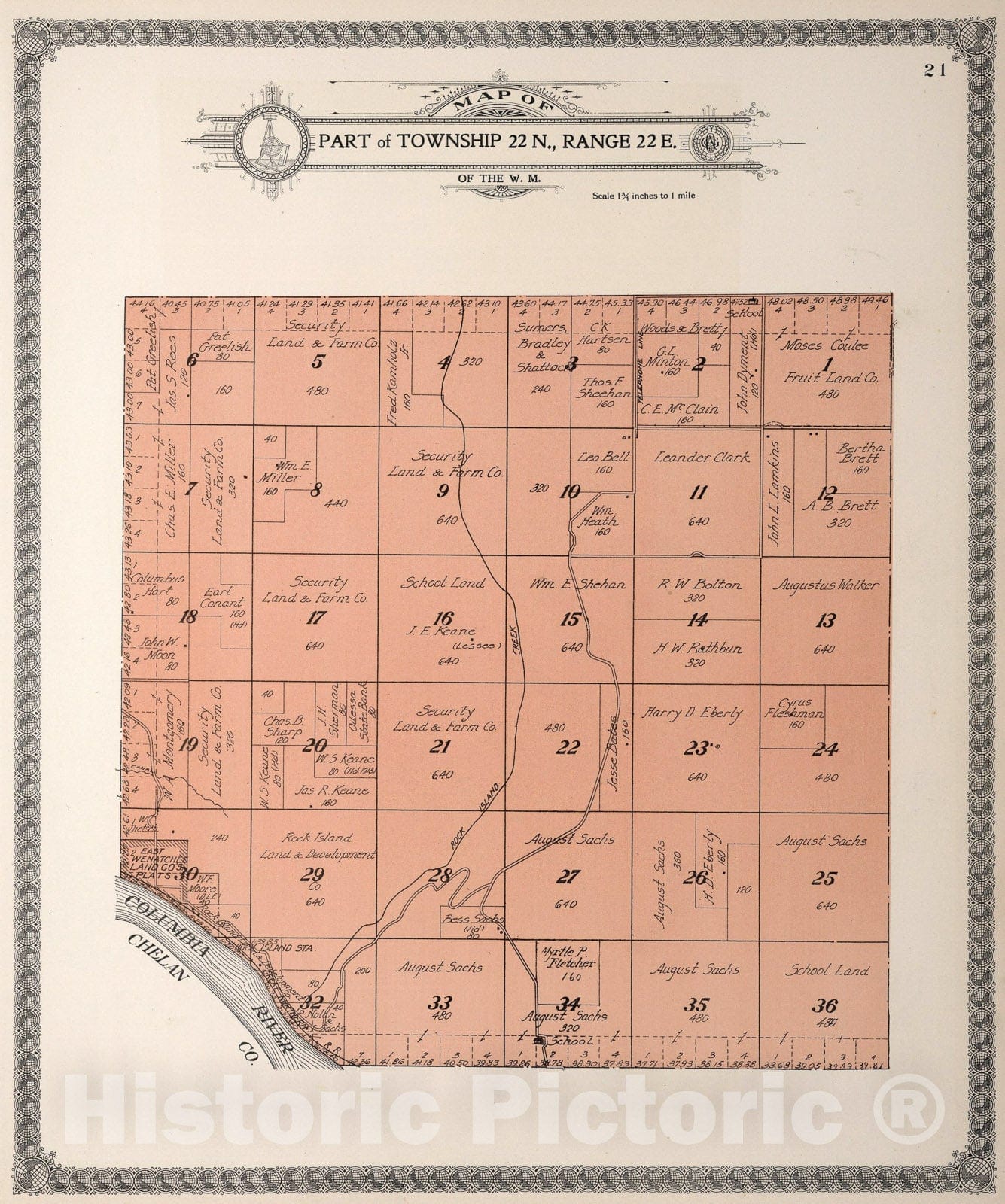 Historic Map : Township twenty-two N., Range twenty-two E., Douglas County, Washington., 1915, Vintage Wall Art