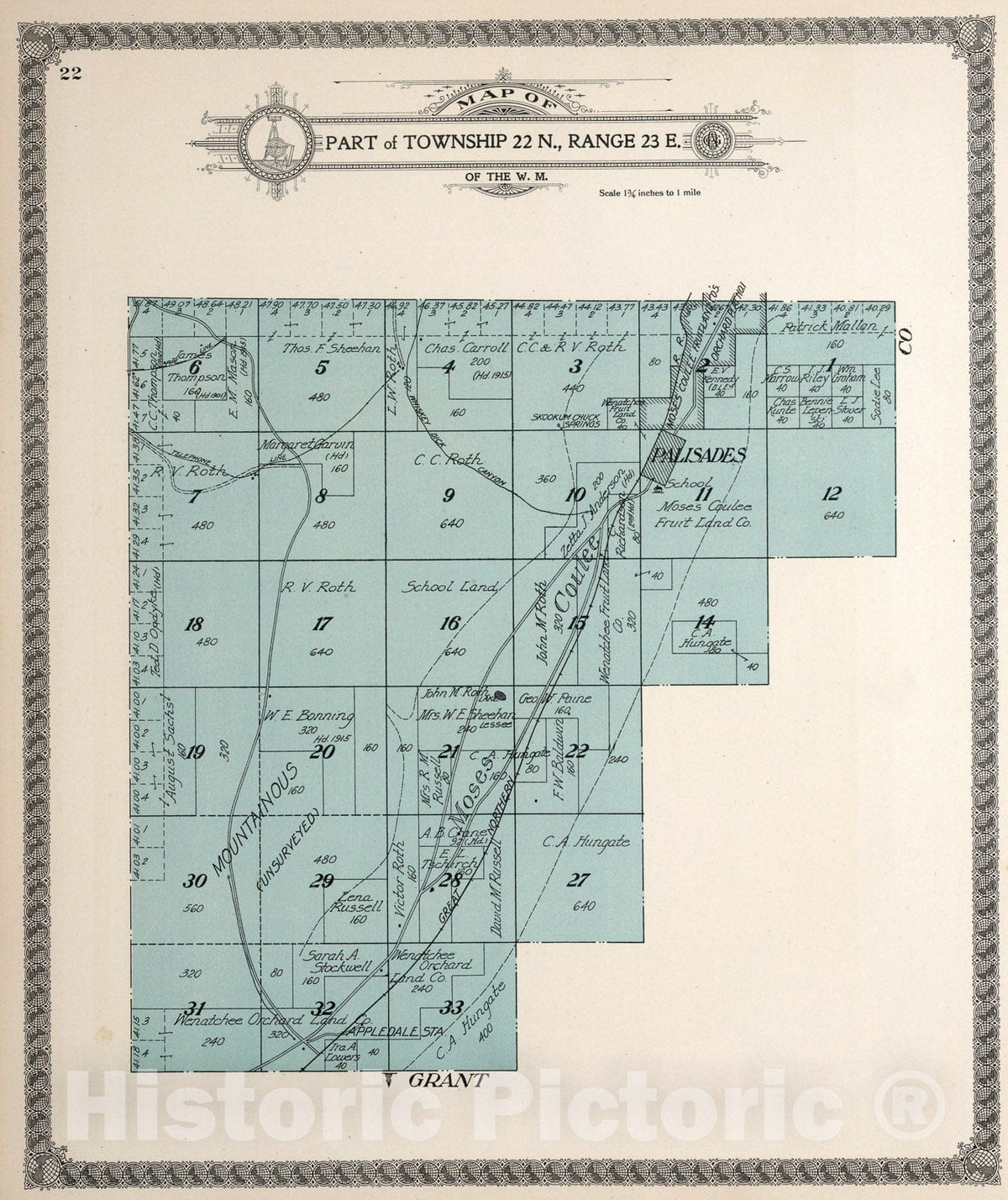 Historic Map : Township twenty-two N., Range twenty-three E., Douglas County, Washington., 1915, Vintage Wall Art