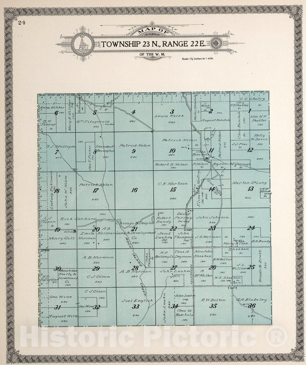 Historic Map : Township twenty-three N., Range twenty-two E., Douglas County, Washington., 1915, Vintage Wall Art