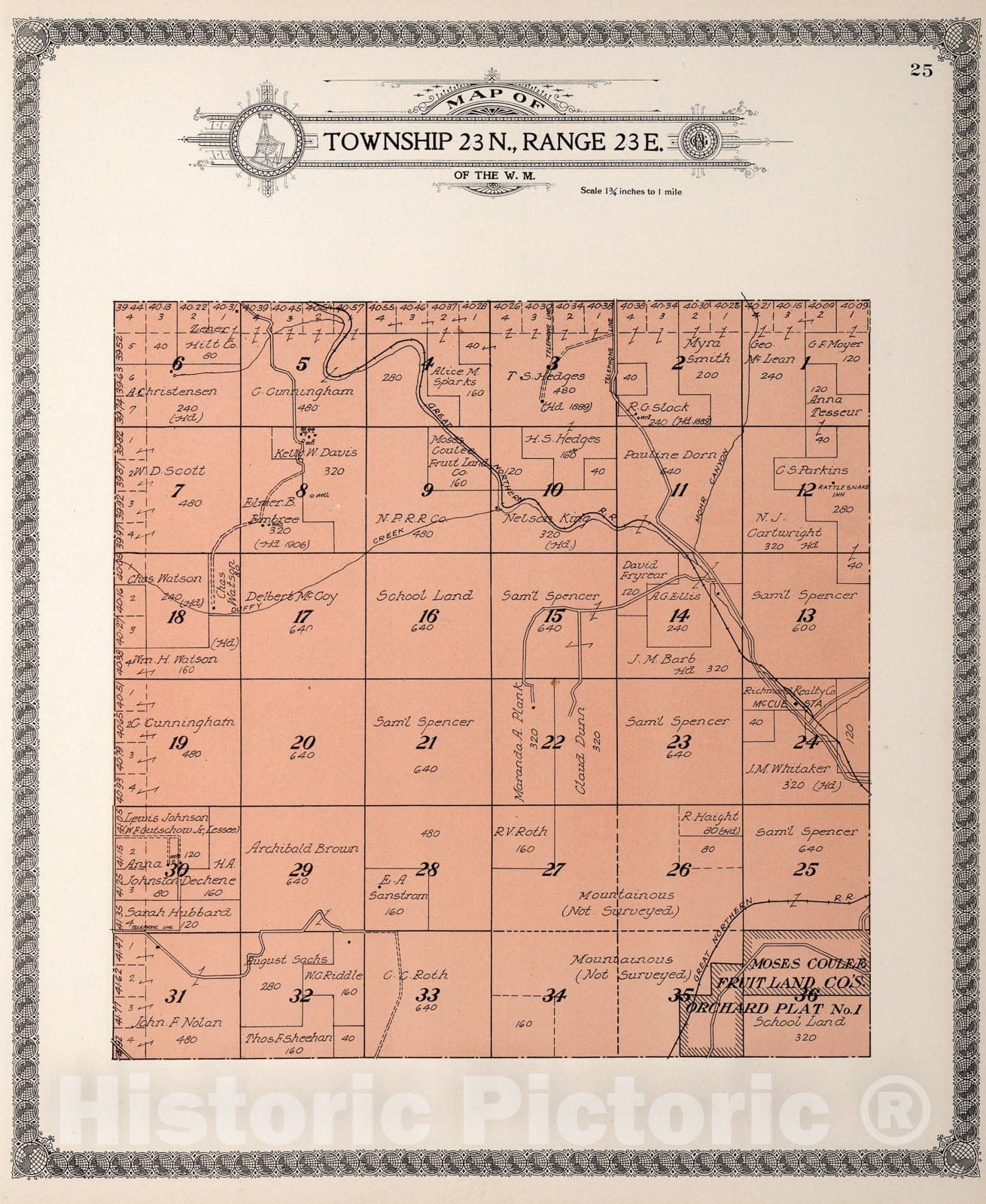 Historic Map : Township twenty-three N., Range twenty-three E., Douglas County, Washington., 1915, Vintage Wall Art
