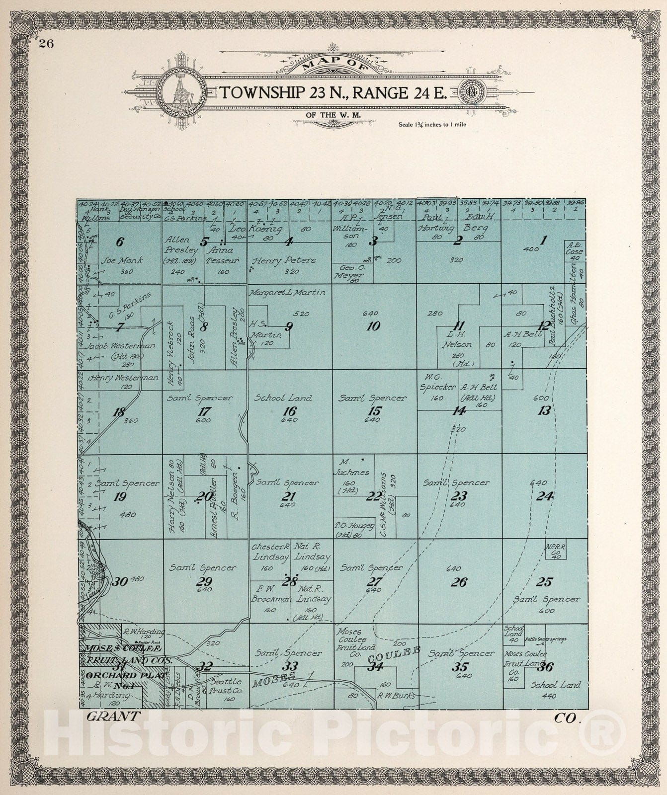 Historic Map : Township twenty-three N., Range twenty-four E., Douglas County, Washington., 1915, Vintage Wall Art