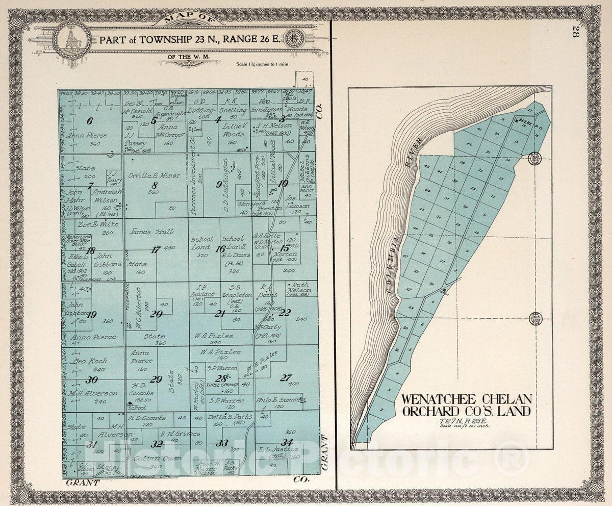 Historic Map : Part of Township twenty-three N., Range twenty-six E., Douglas County, Washington., 1915, Vintage Wall Art