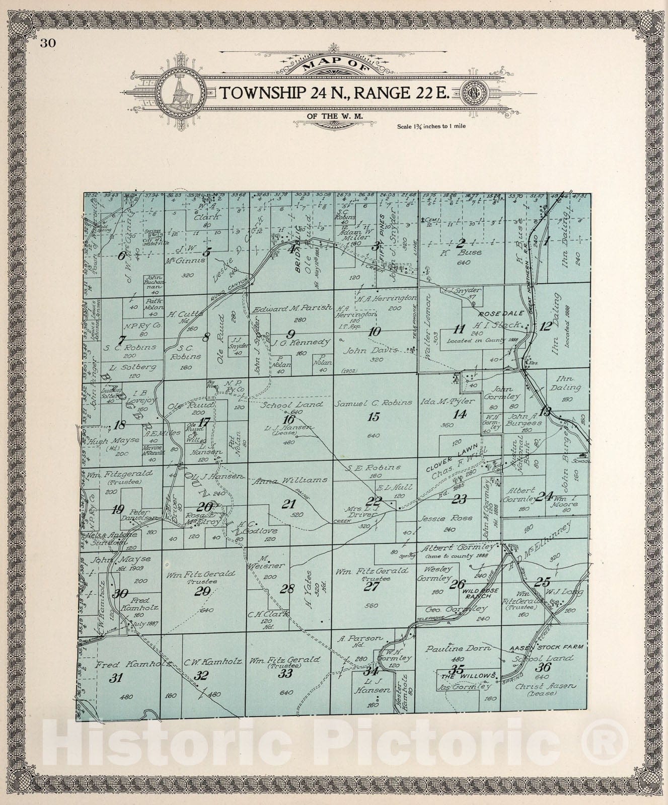 Historic Map : Township twenty-four N., Range twenty-two E., Douglas County, Washington., 1915, Vintage Wall Art