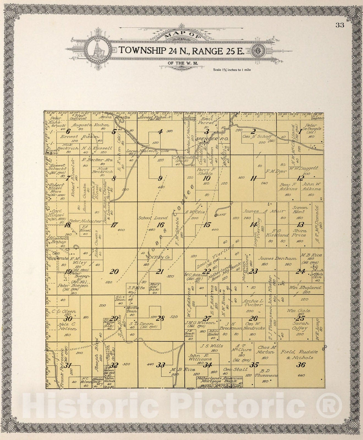 Historic Map : Township twenty-four N., Range twenty-five E., Douglas County, Washington., 1915, Vintage Wall Art