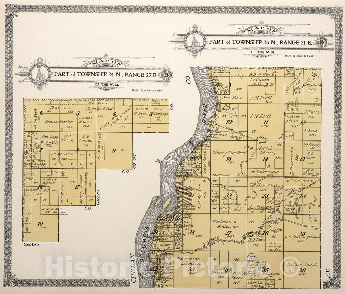 Historic Map : Part of Township twenty-four N., Range twenty-seven E. Township twenty-five N., Range twenty-one E., Douglas County, Washington., 1915, Vintage Wall Art