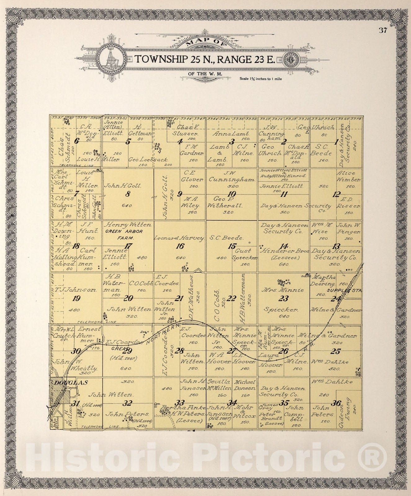 Historic Map : Township twenty-five N., Range twenty-three E., Douglas County, Washington., 1915, Vintage Wall Art