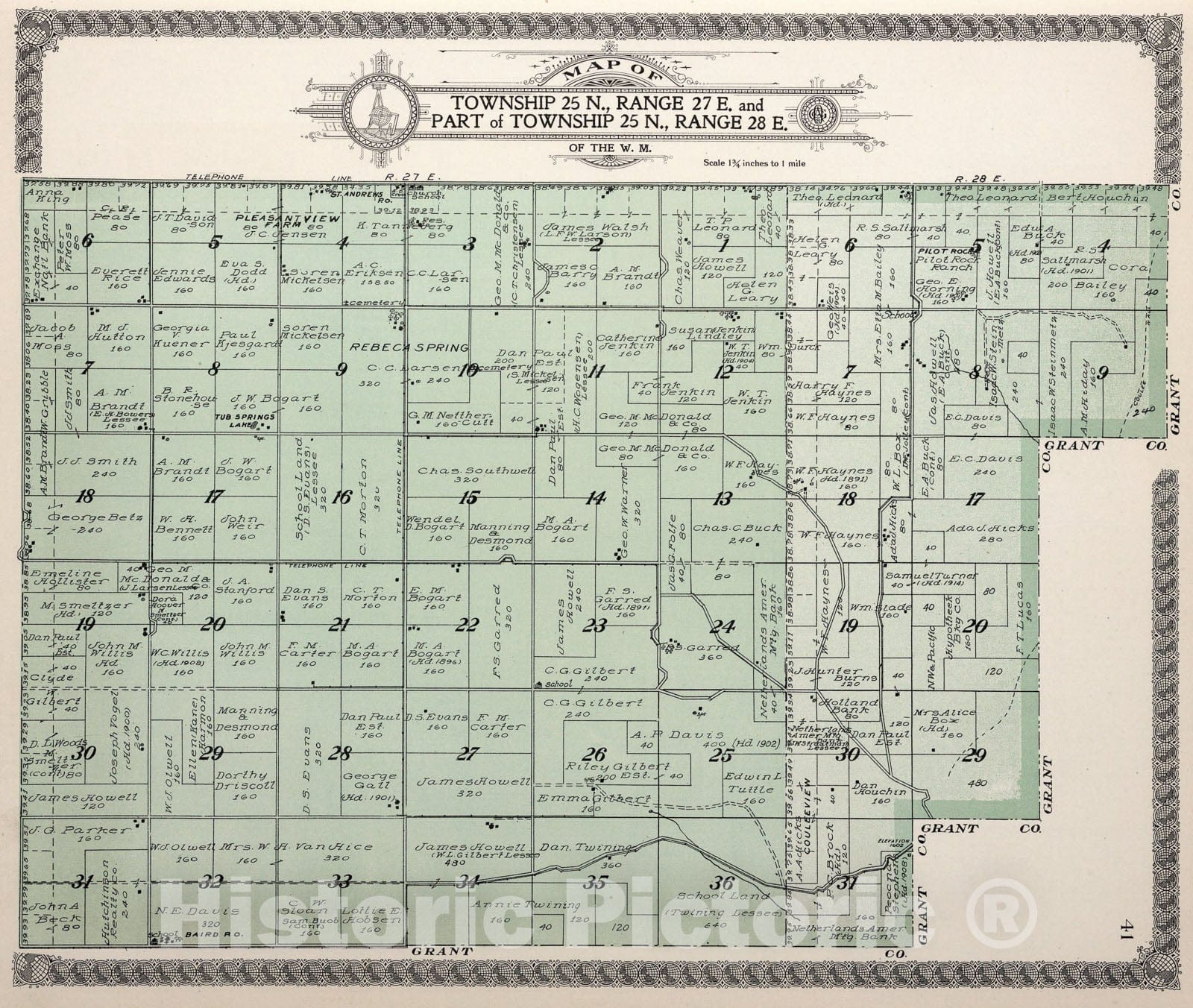 Historic Map : Township twenty-five N., Range twenty-seven E. and Part of Township twenty-five N., Range twenty-eight E., Douglas County, Washington., 1915, Vintage Wall Art
