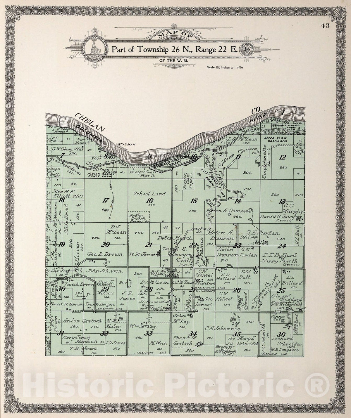 Historic Map : Township twenty-six N., Range twenty-two E., Douglas County, Washington., 1915, Vintage Wall Art