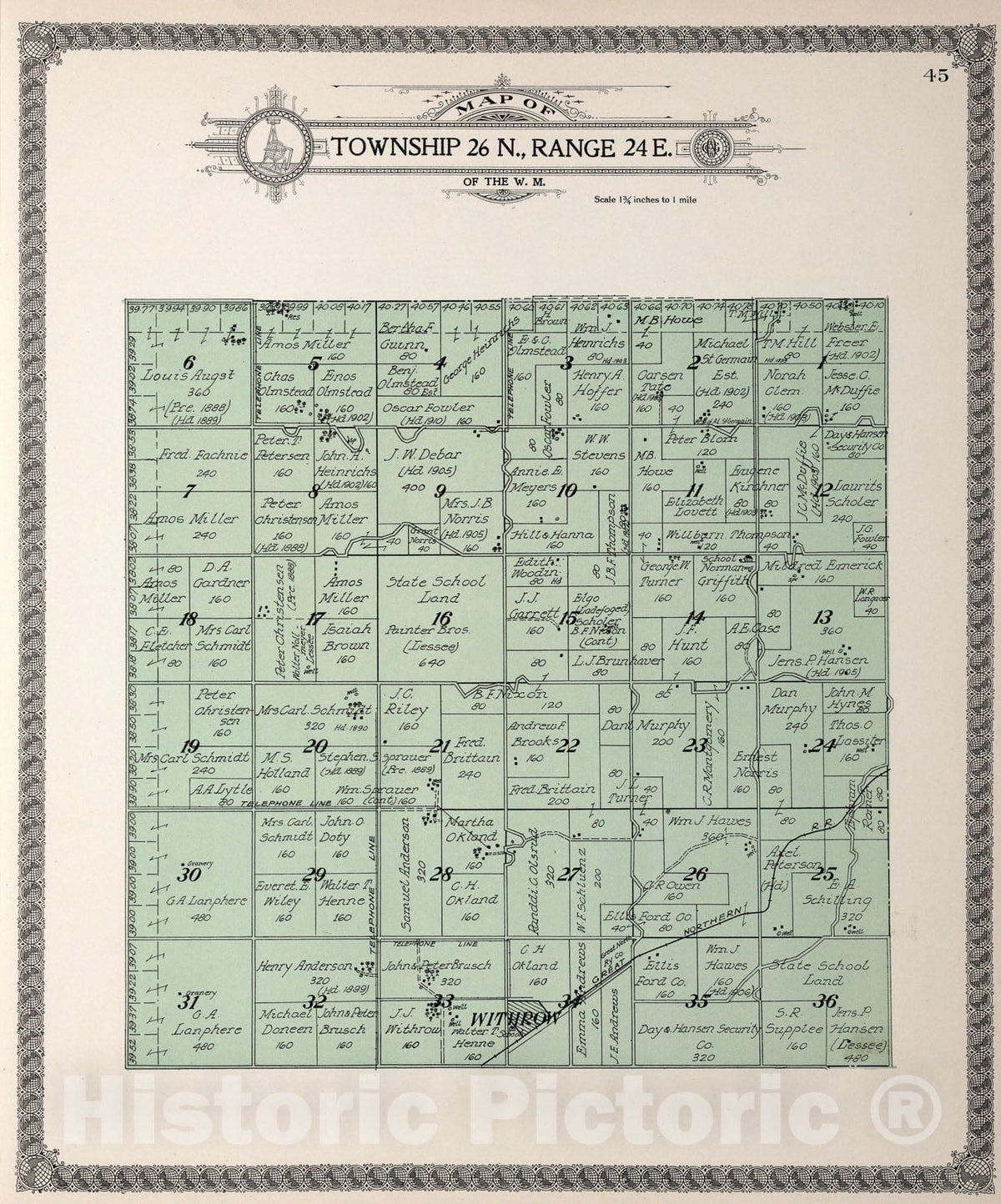 Historic Map : Township twenty-six N., Range twenty-four E., Douglas County, Washington., 1915, Vintage Wall Art
