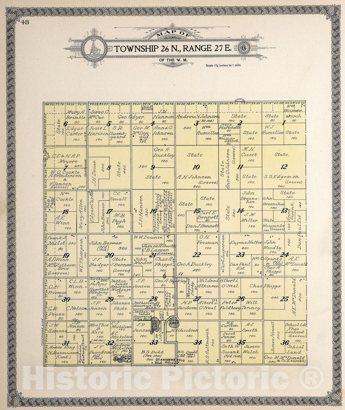 Historic Map : Township twenty-six N., Range twenty-seven E., Douglas County, Washington., 1915, Vintage Wall Art