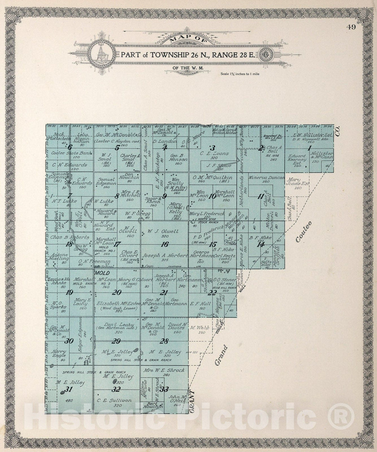 Historic Map : Part of Township twenty-six N., Range twenty-eight E., Douglas County, Washington., 1915, Vintage Wall Art