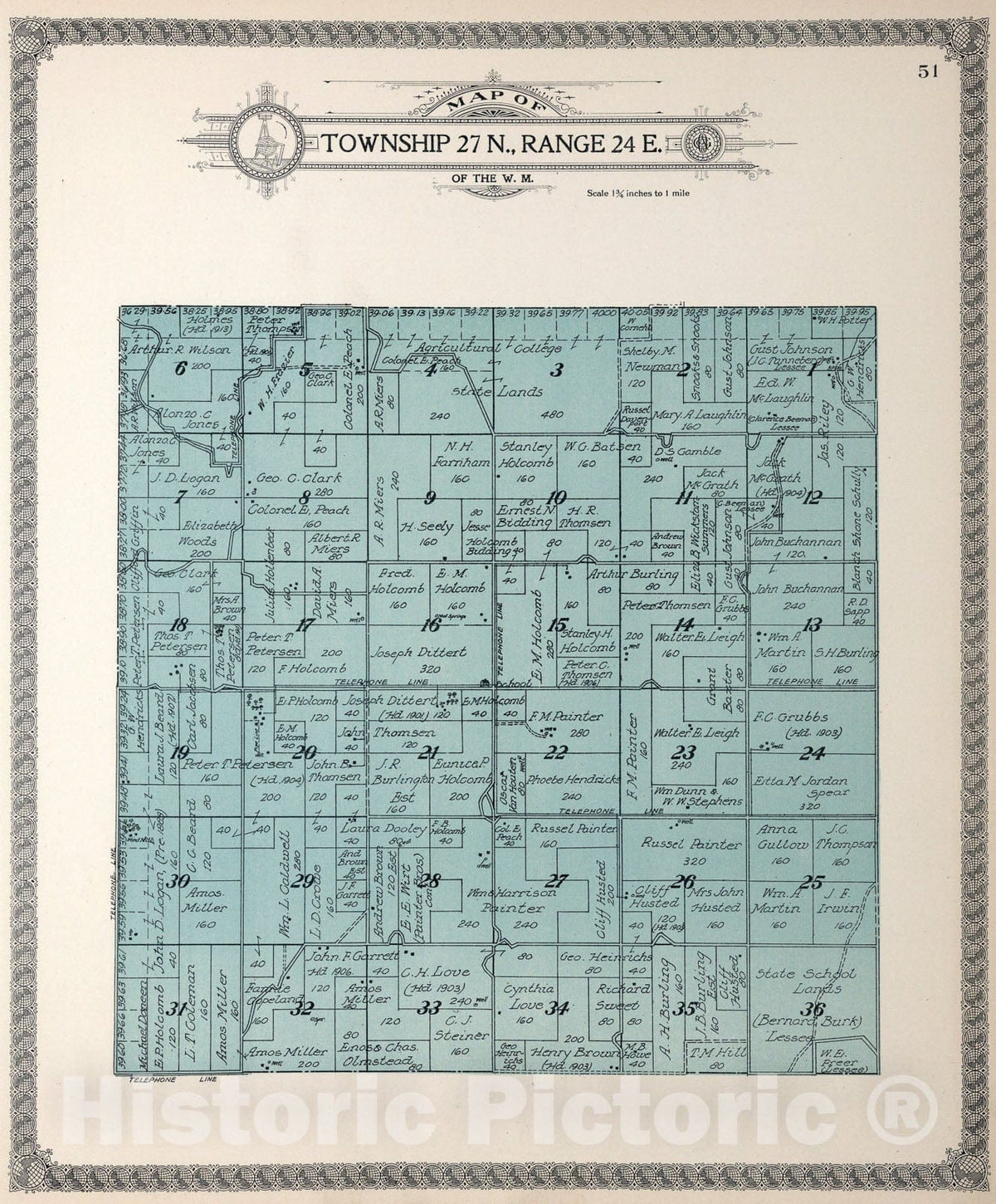 Historic Map : Township twenty-seven N., Range twenty-four E., Douglas County, Washington., 1915, Vintage Wall Art