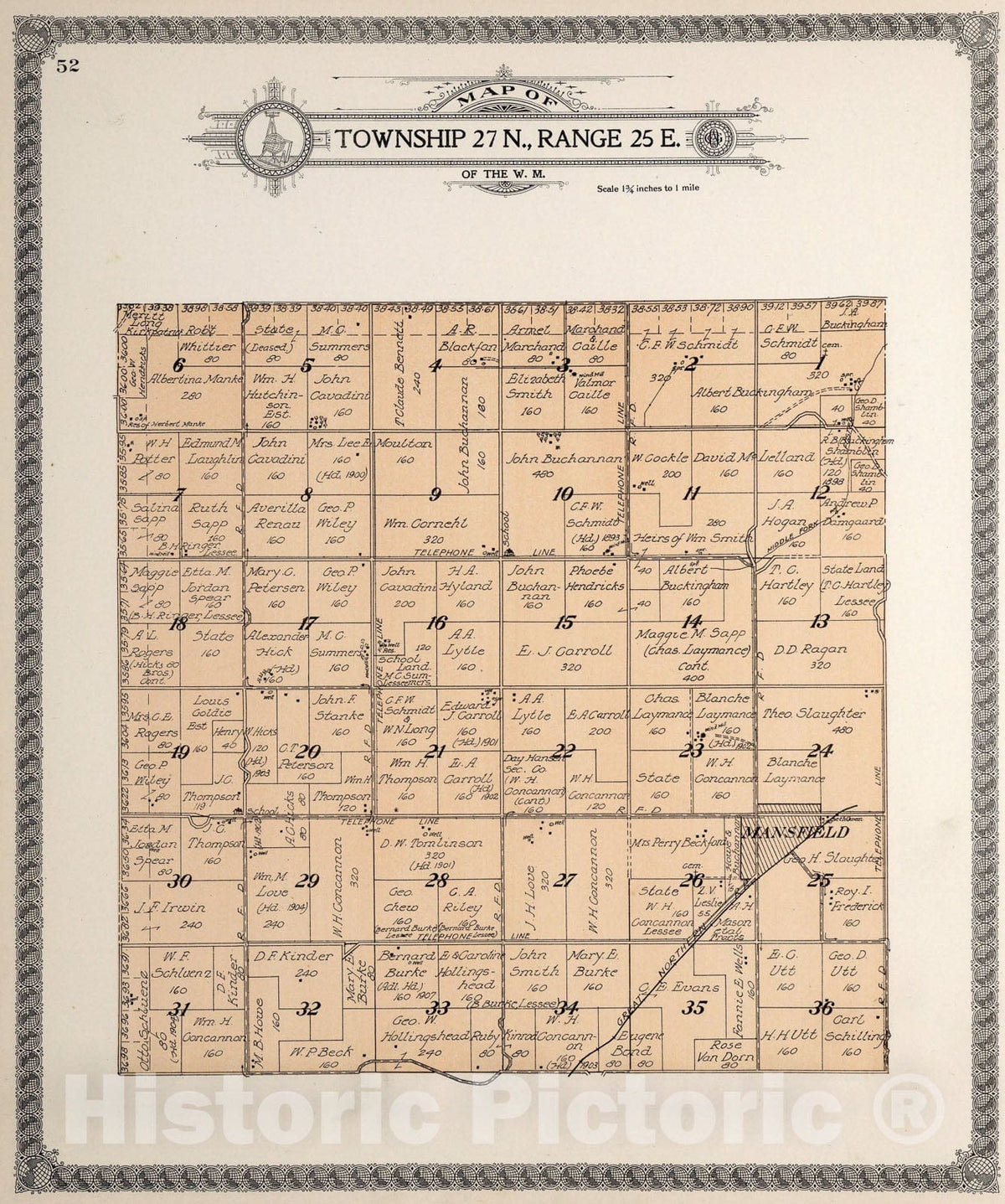 Historic Map : Township twenty-seven N., Range twenty-five E., Douglas County, Washington., 1915, Vintage Wall Art