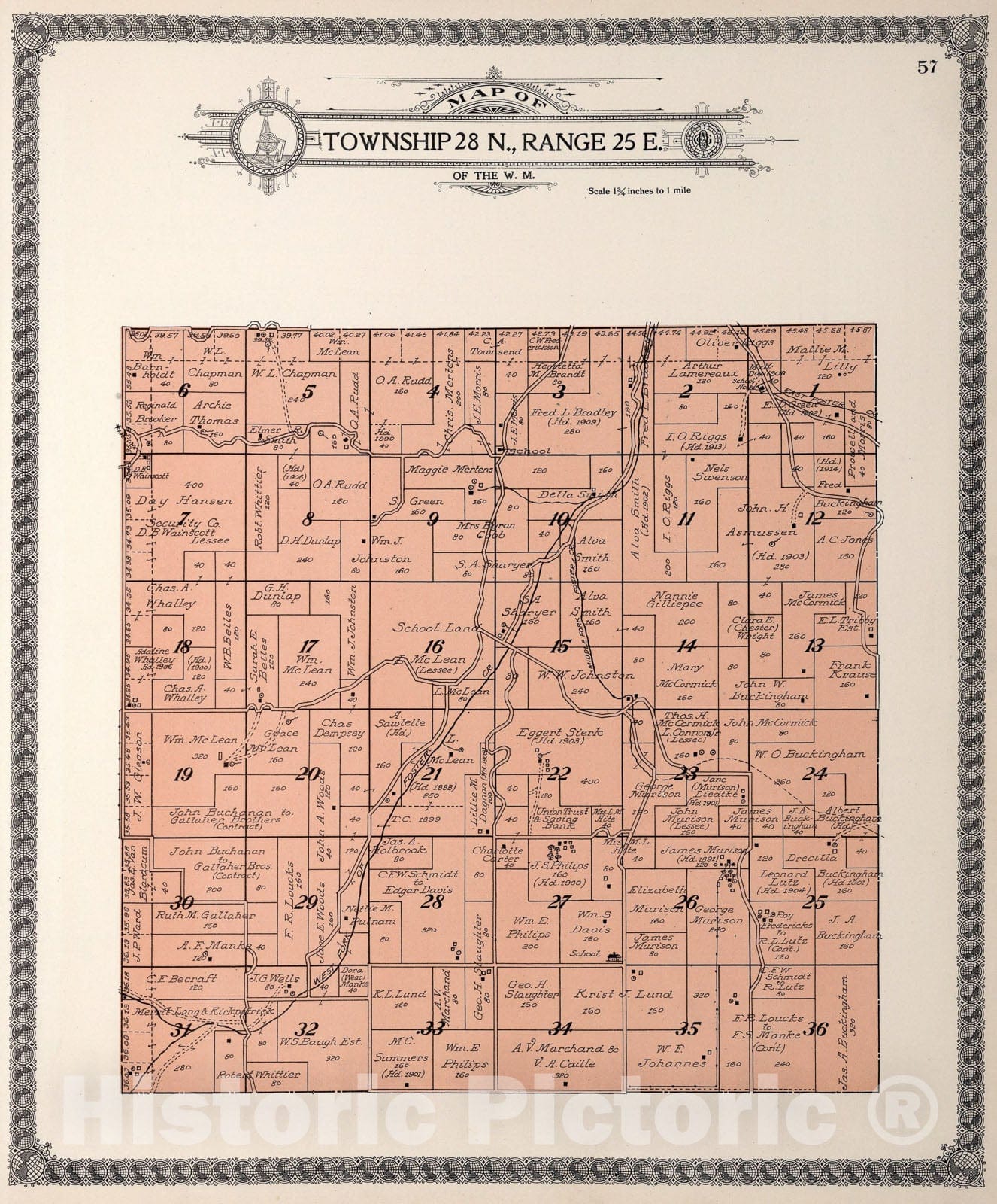 Historic Map : Township twenty-eight N., Range twenty-five E., Douglas County, Washington., 1915, Vintage Wall Art
