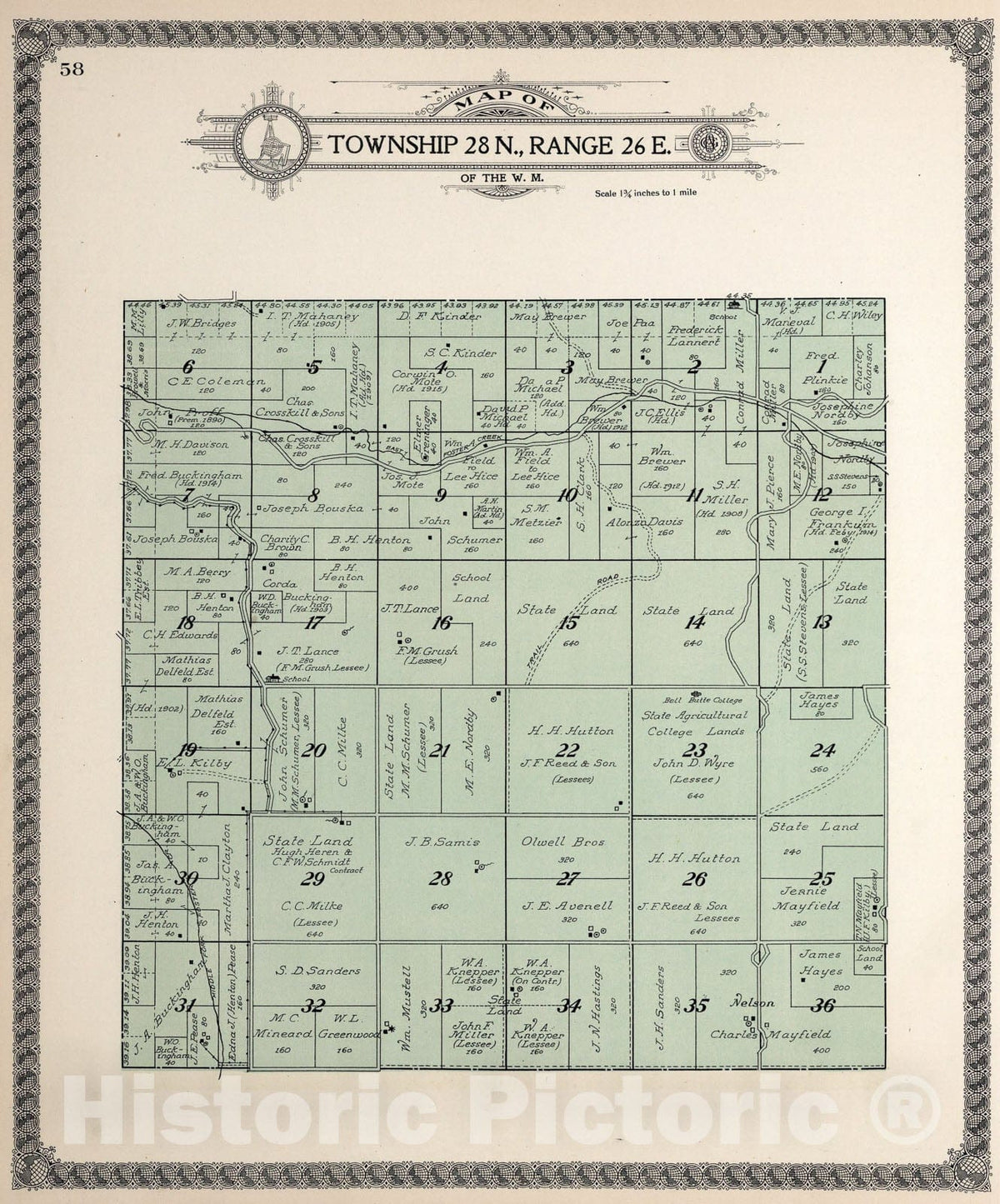 Historic Map : Township twenty-eight N., Range twenty-six E., Douglas County, Washington., 1915, Vintage Wall Art
