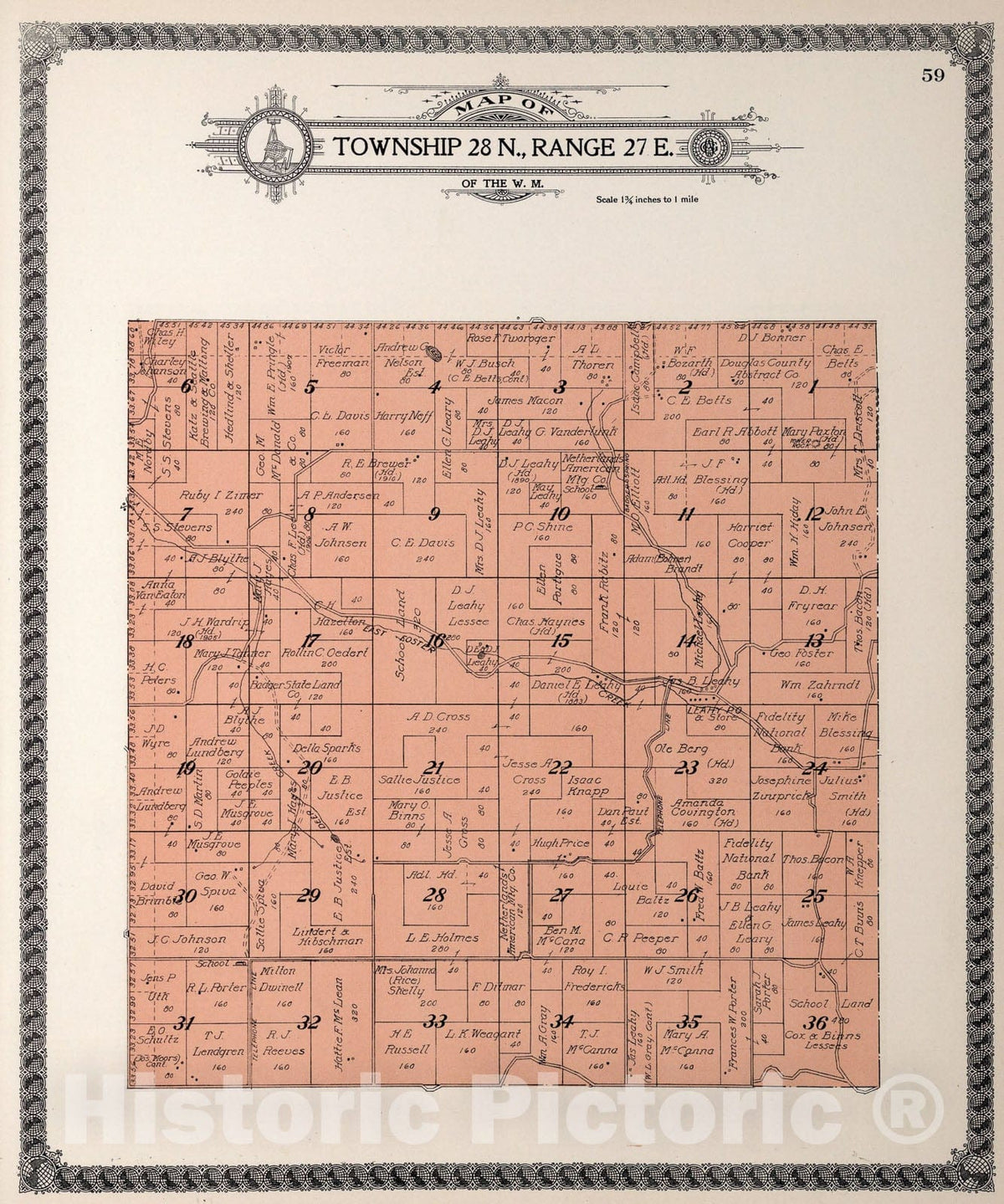 Historic Map : Township twenty-eight N., Range twenty-seven E., Douglas County, Washington., 1915, Vintage Wall Art