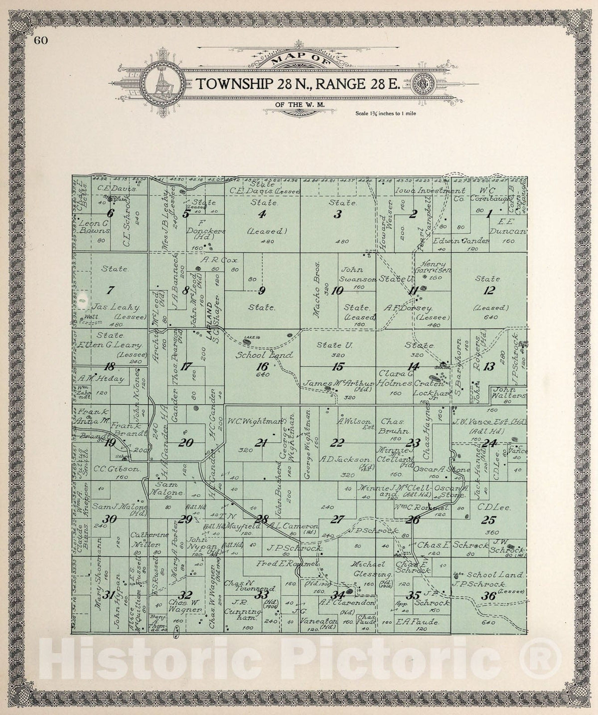 Historic Map : Township twenty-eight N., Range twenty-eight E., Douglas County, Washington., 1915, Vintage Wall Art