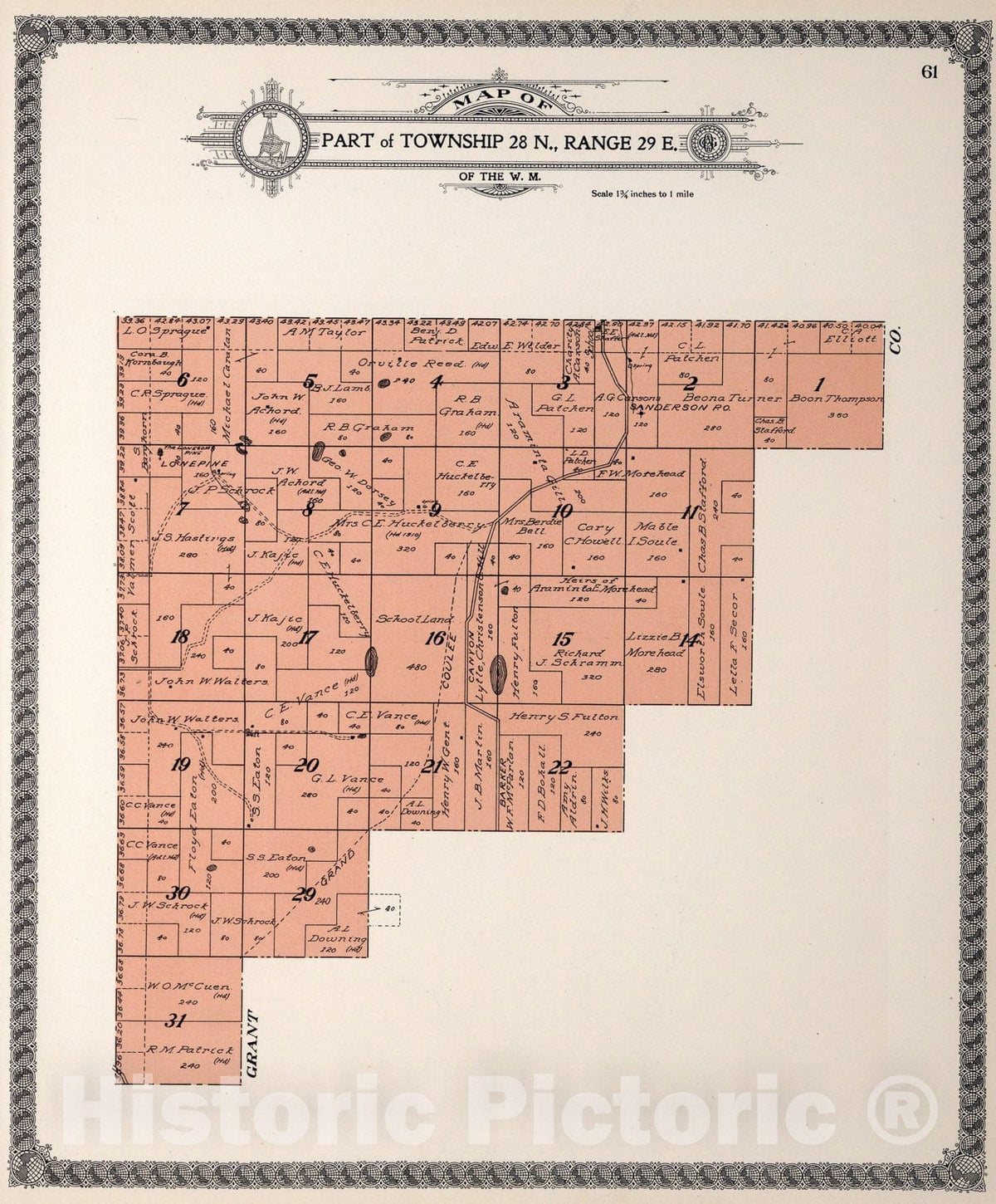 Historic Map : Part of Township twenty-eight N., Range twenty-nine E., Douglas County, Washington., 1915, Vintage Wall Art