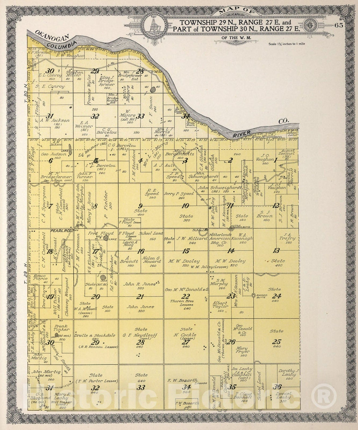 Historic Map : Township twenty-nine N., Range twenty-seven E. and Part of Township thirty N., Range twenty-seven E., Douglas County, Washington., 1915, Vintage Wall Art