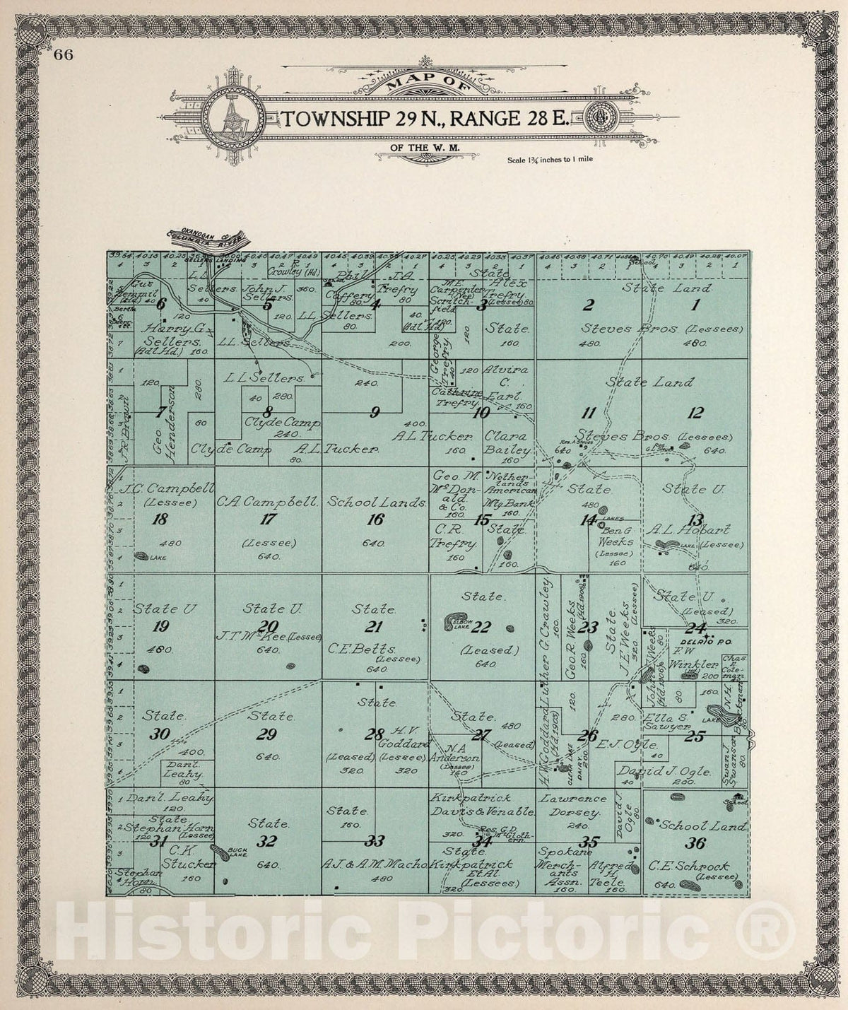 Historic Map : Township twenty-nine N., Range twenty-eight E., Douglas County, Washington., 1915, Vintage Wall Art