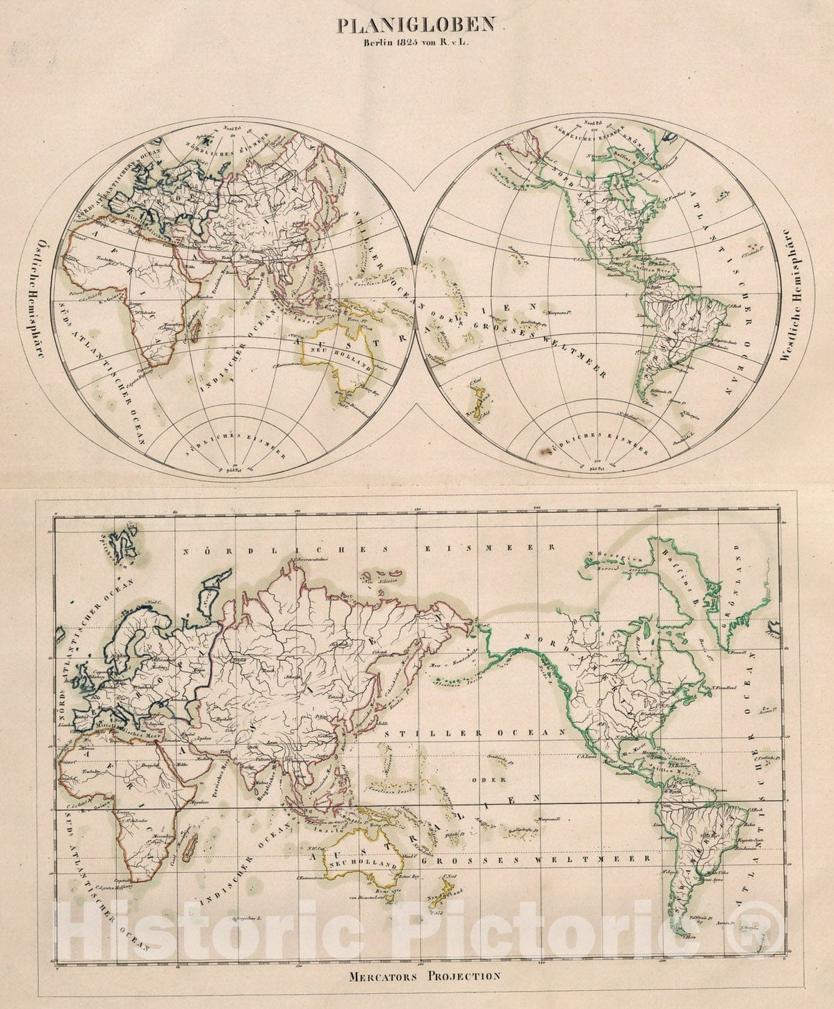 Historic Map : Planigloben. Mercators Projection., 1825, Vintage Wall Art