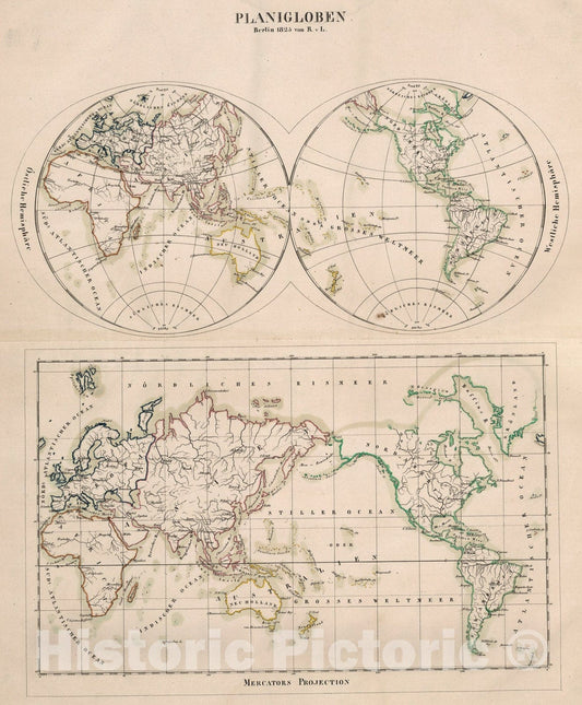 Historic Map : Planigloben. Mercators Projection., 1825, Vintage Wall Art