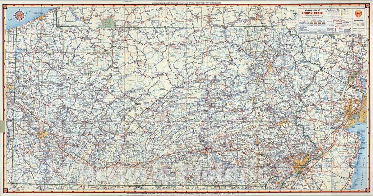 Historic Map : Shell Highway Map of Pennsylvania., 1956, Vintage Wall Art