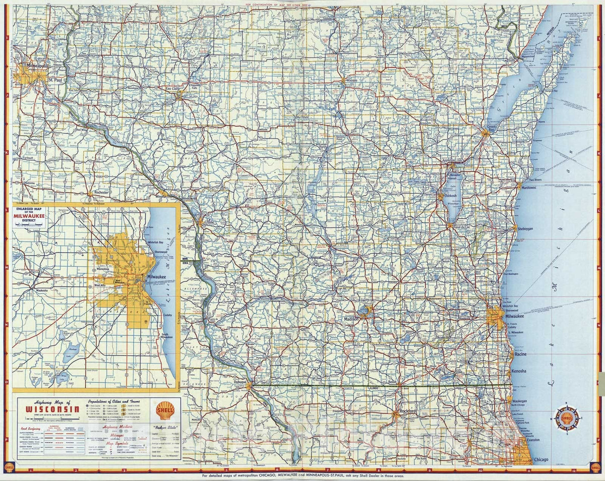 Historic Map : Shell Highway Map of Wisconsin (northern portion)., 1956, Vintage Wall Art