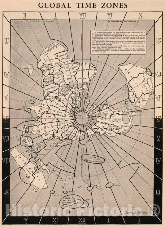 Historic Map : Global time Zones, 1943, Vintage Wall Art