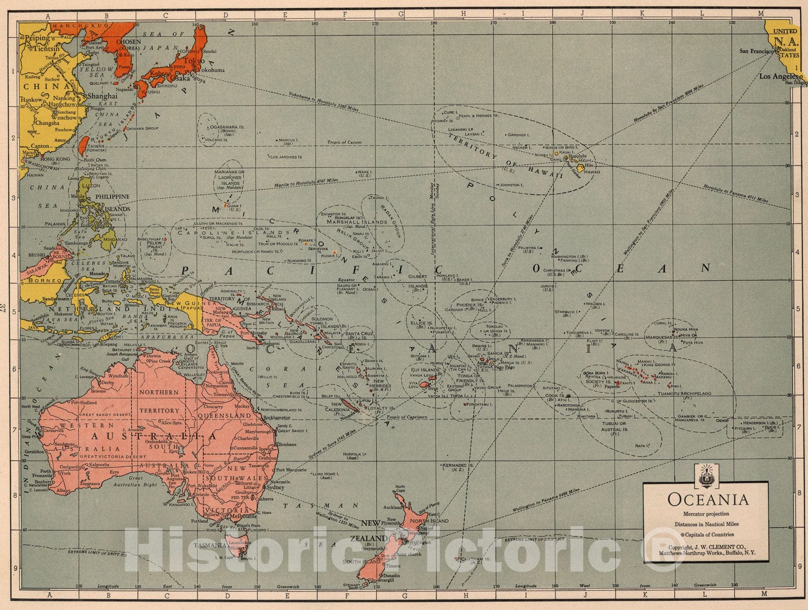 Historic Map : Oceania. Mercator Projection. Distances in Nautical Miles, 1943, Vintage Wall Art