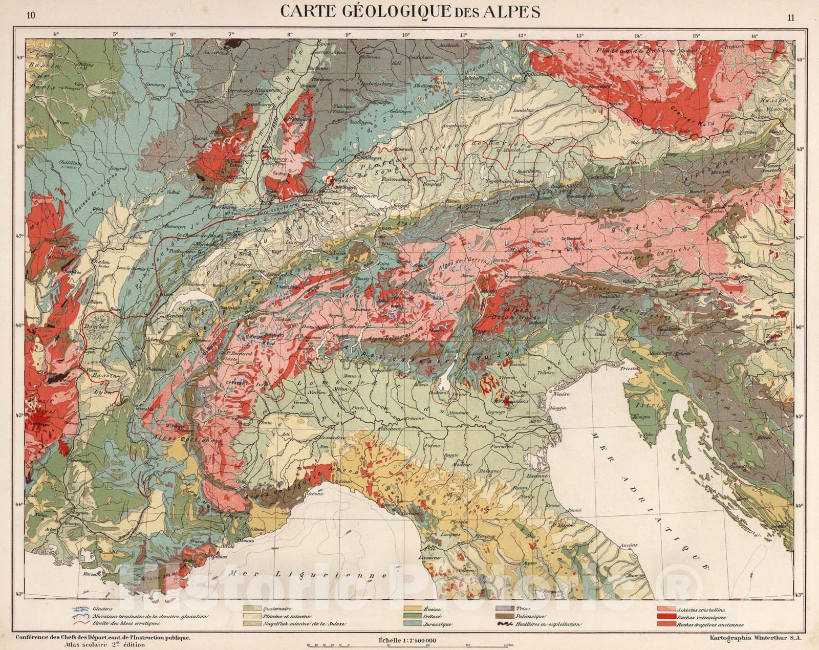 Historic Map : Carte geologuique des Alpes, 1921, Vintage Wall Art