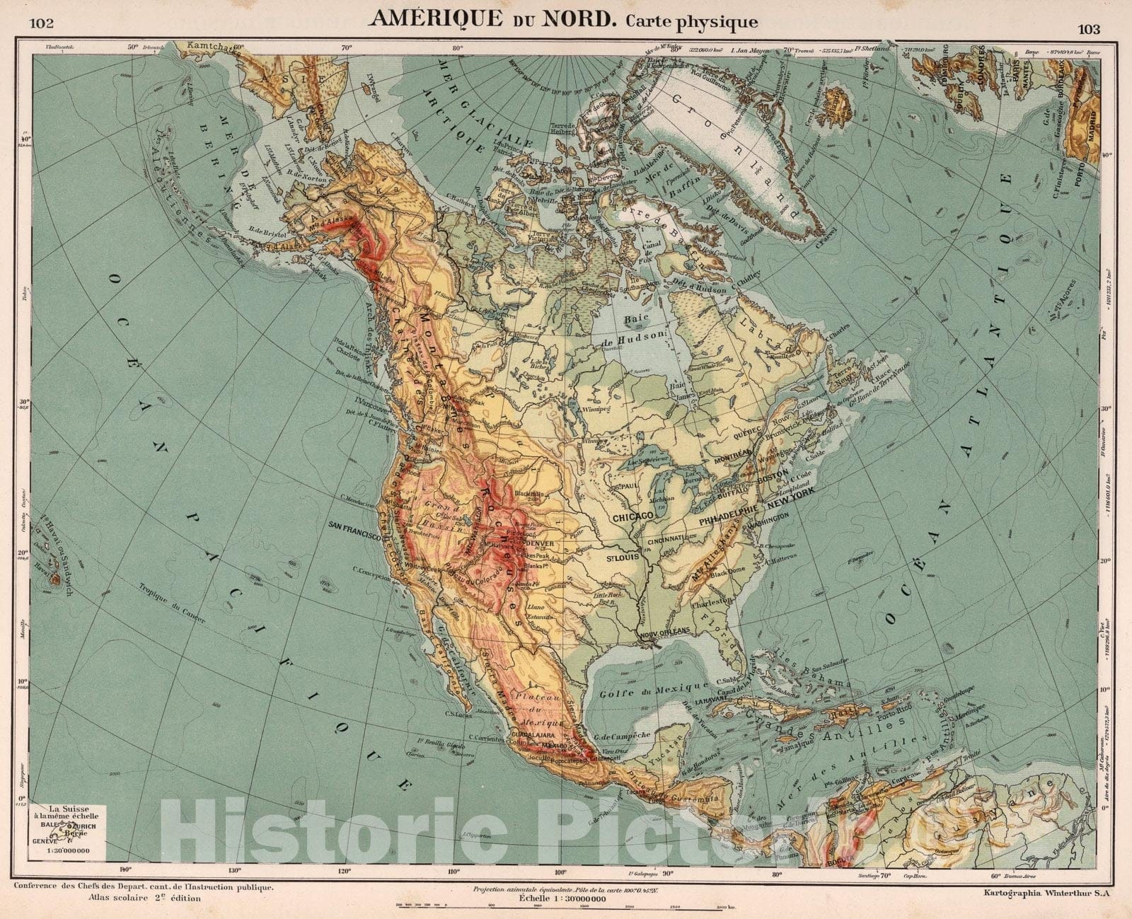 Historic Map : Amerique du Nord. Carte Physique, 1921, Vintage Wall Art
