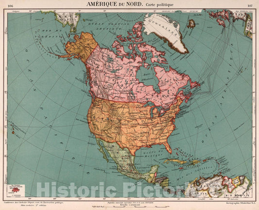 Historic Map : Amerique du Nord. Carte Politique, 1921, Vintage Wall Art