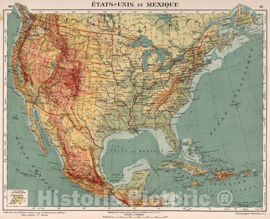 Historic Map : Etats - Unis et Mexique, 1921, Vintage Wall Art