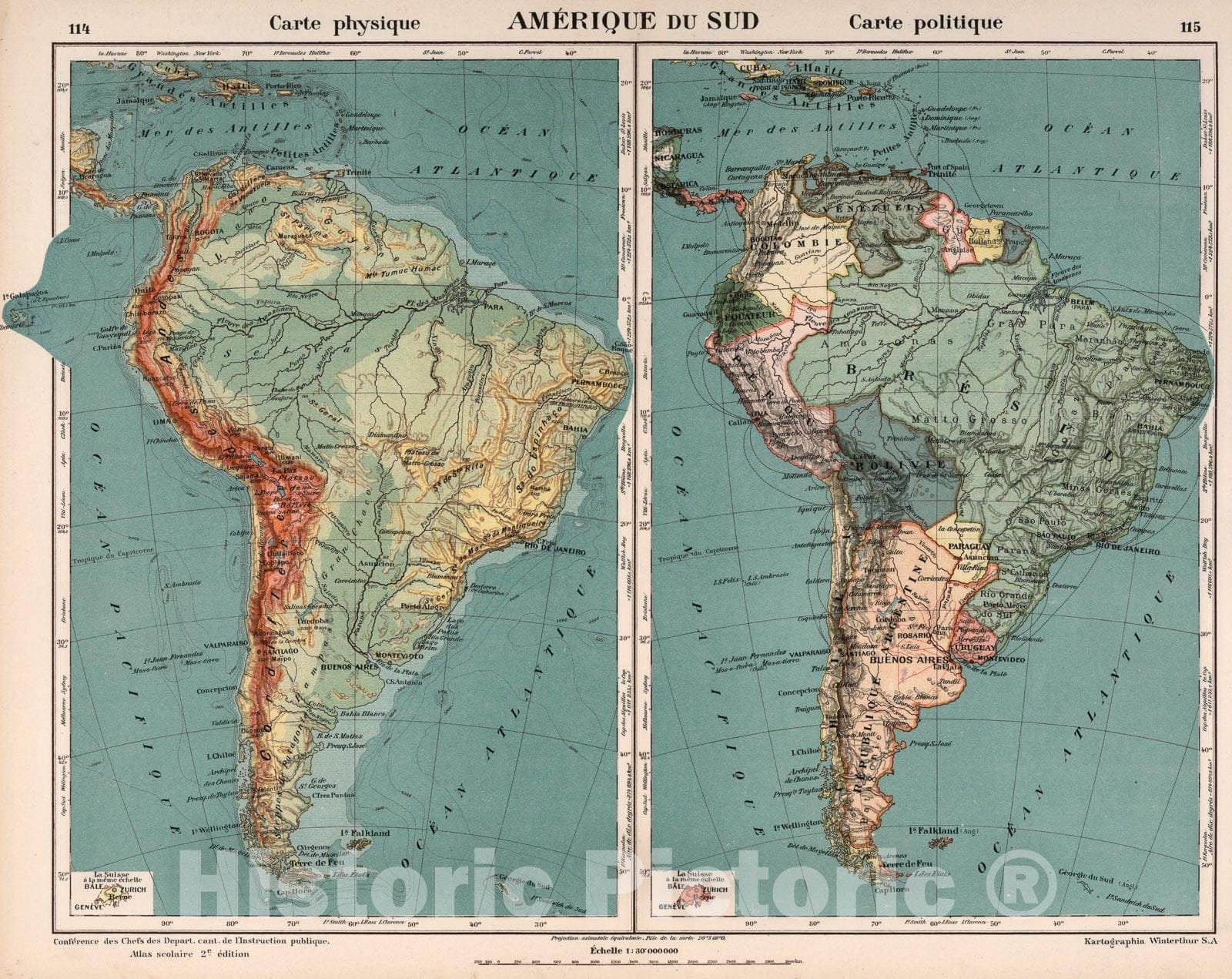 Historic Map : Amerique du Sud. Carte Physique. Carte Politique., 1921, Vintage Wall Art