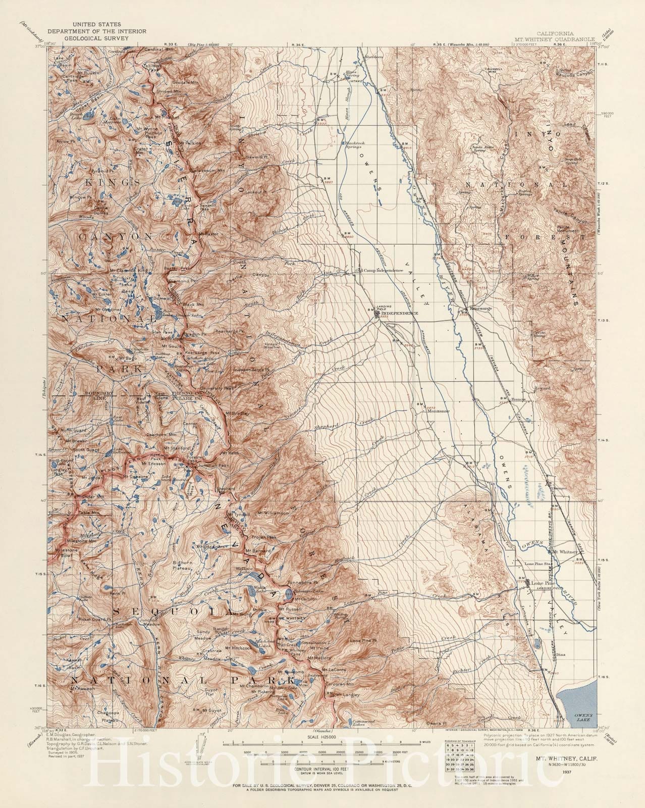 Mt. Whitney, Calif 1937 Topographic Map Print