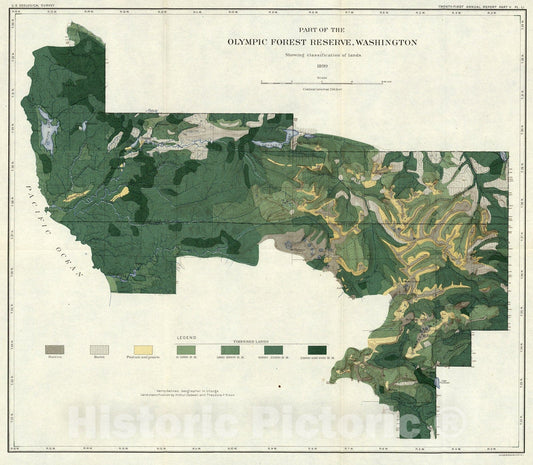 Historic Map : Plate LI. Land Classification in Olympic Forest Reserve, Washington, Forest Yield., 1899, Vintage Wall Art