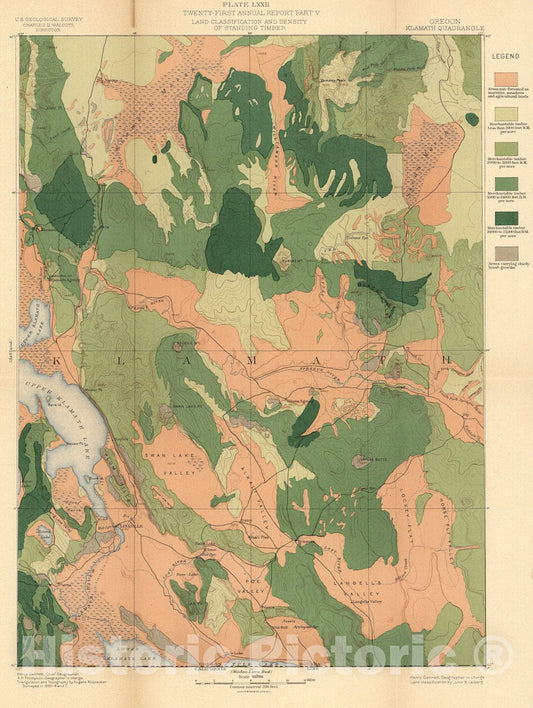 Historic Map : Plate LXXII. Klamath Quadrangle, Oregon. Land Classification and Density of Standing Timber., 1900, Vintage Wall Art