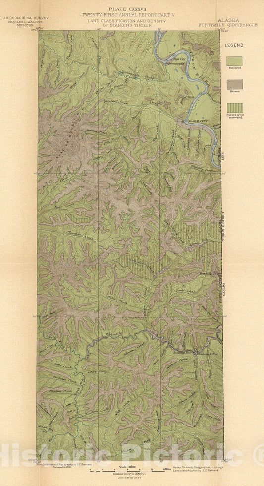 Historic Map : Plate CXXXVII. Fortymile Quadrangle, Alaska, Land Classification and Density of Standing Timber., 1900, Vintage Wall Art