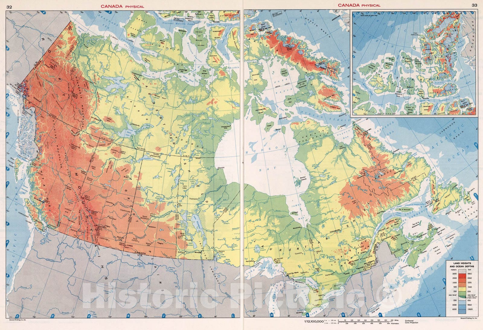Historic Map : Canada Physical., 1968, Vintage Wall Art