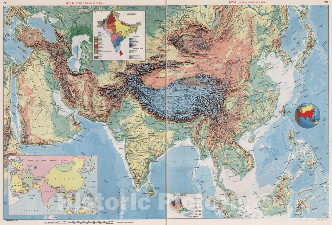 Historic Map : Asia (excluding U.S.S.R.)., 1968, Vintage Wall Art