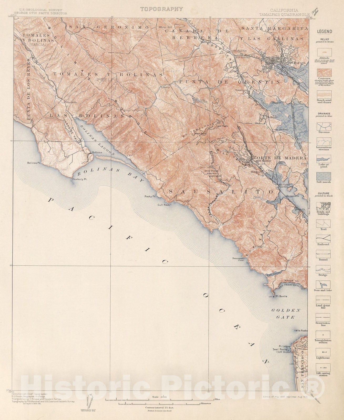Historic Map : Tamalpais Quadrangle. Topography., 1913, Vintage Wall Art