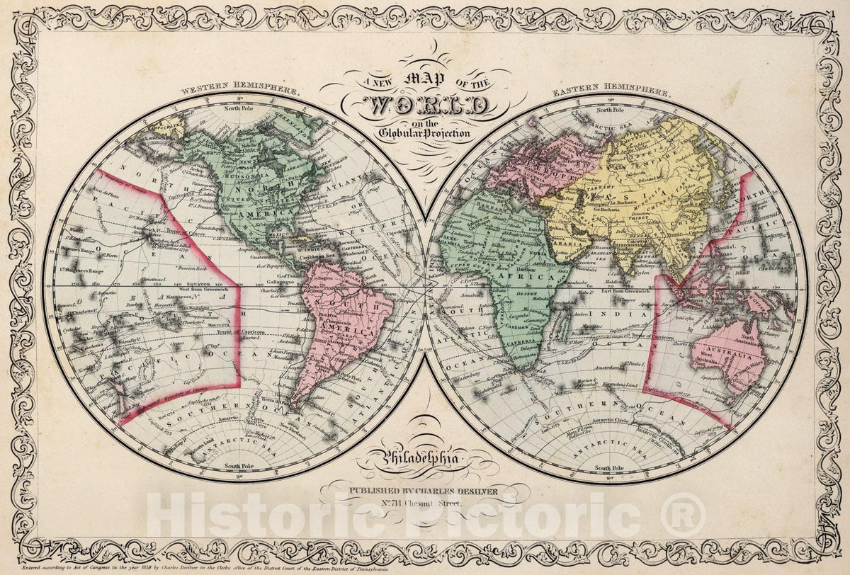 Historic Map : The World on the Globular Projection ., 1859, Vintage Wall Art